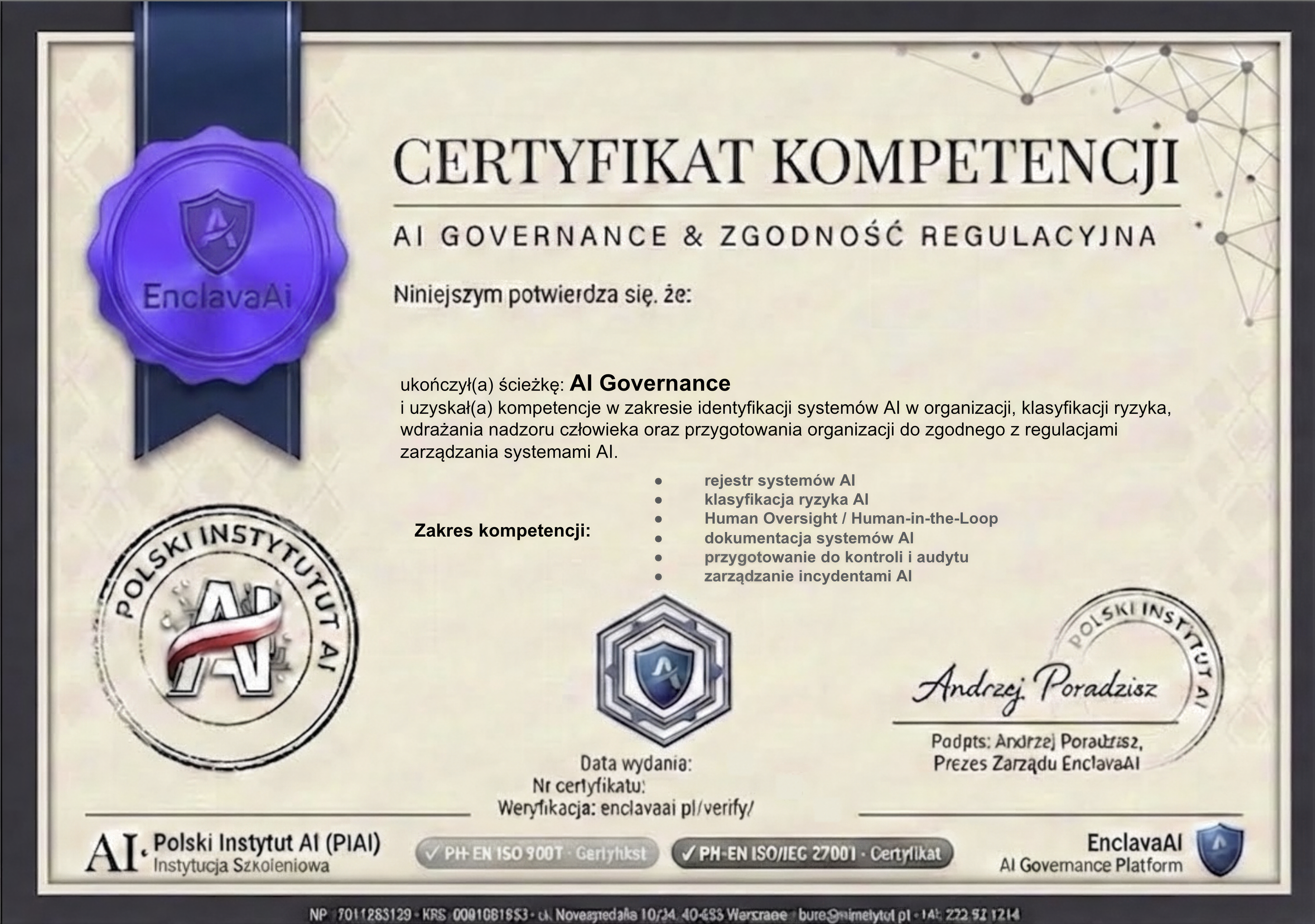 Publiczny wzór certyfikatu — AI Governance